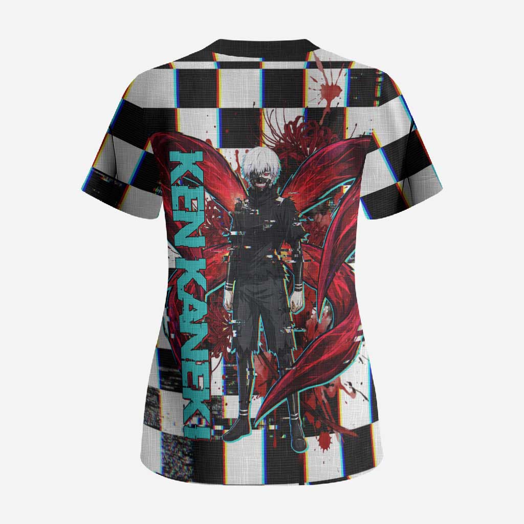 Tokyo Ghoul Kaneki Ken Scrub Top Glitchcore Anime Style with Dark Checker Pattern
