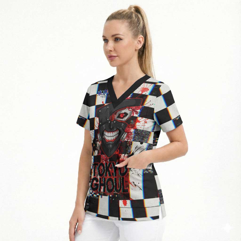 Tokyo Ghoul Kaneki Ken Scrub Top Glitchcore Anime Style with Dark Checker Pattern