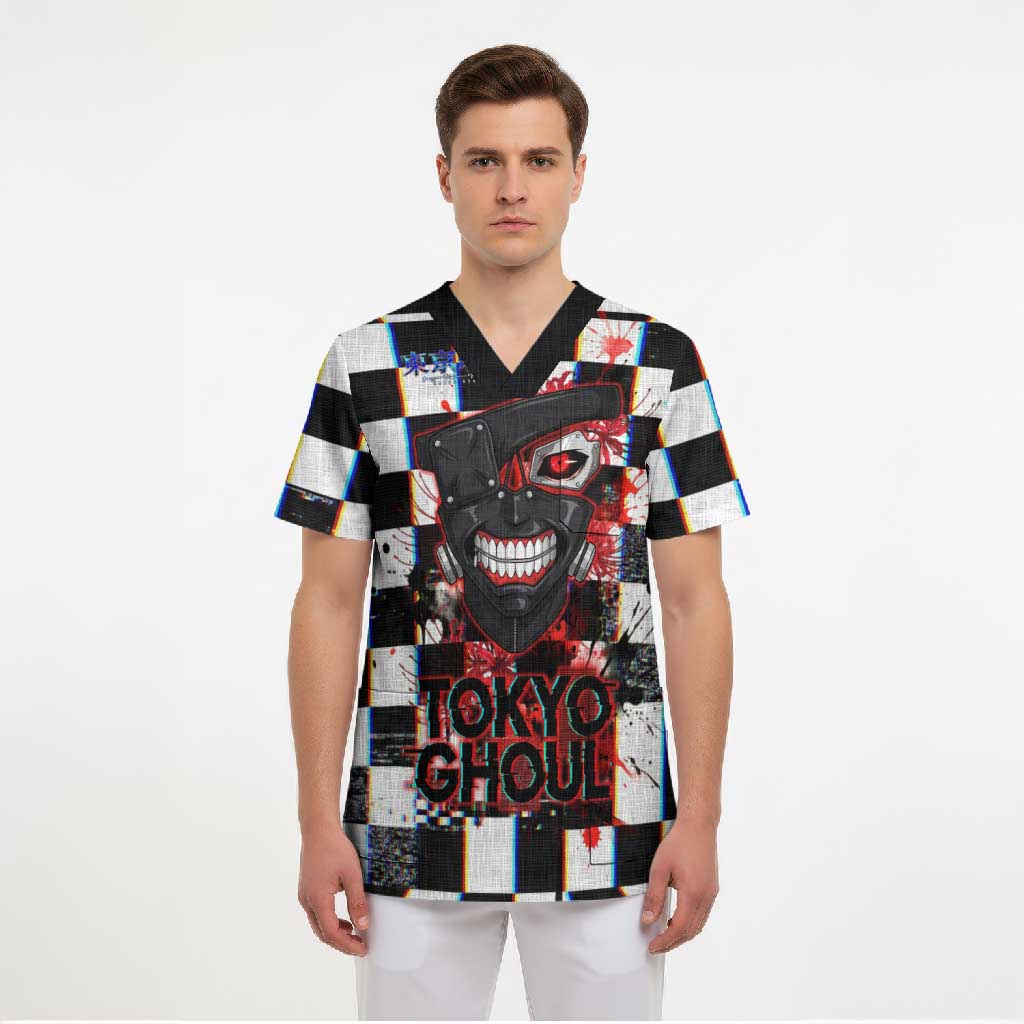 Tokyo Ghoul Kaneki Ken Scrub Top Glitchcore Anime Style with Dark Checker Pattern