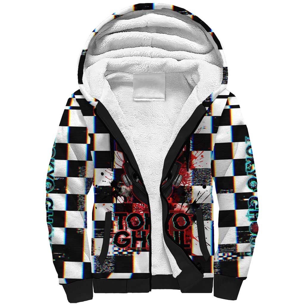 Tokyo Ghoul Kaneki Ken Sherpa Hoodie Glitchcore Anime Style with Dark Checker Pattern