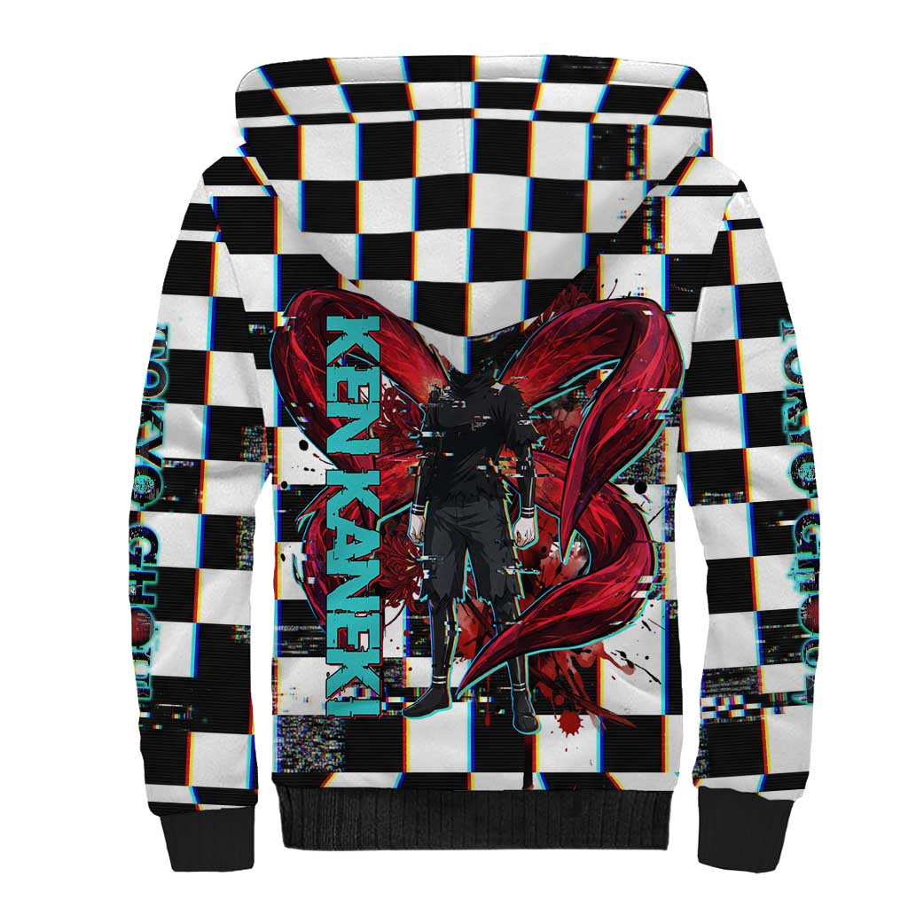 Tokyo Ghoul Kaneki Ken Sherpa Hoodie Glitchcore Anime Style with Dark Checker Pattern