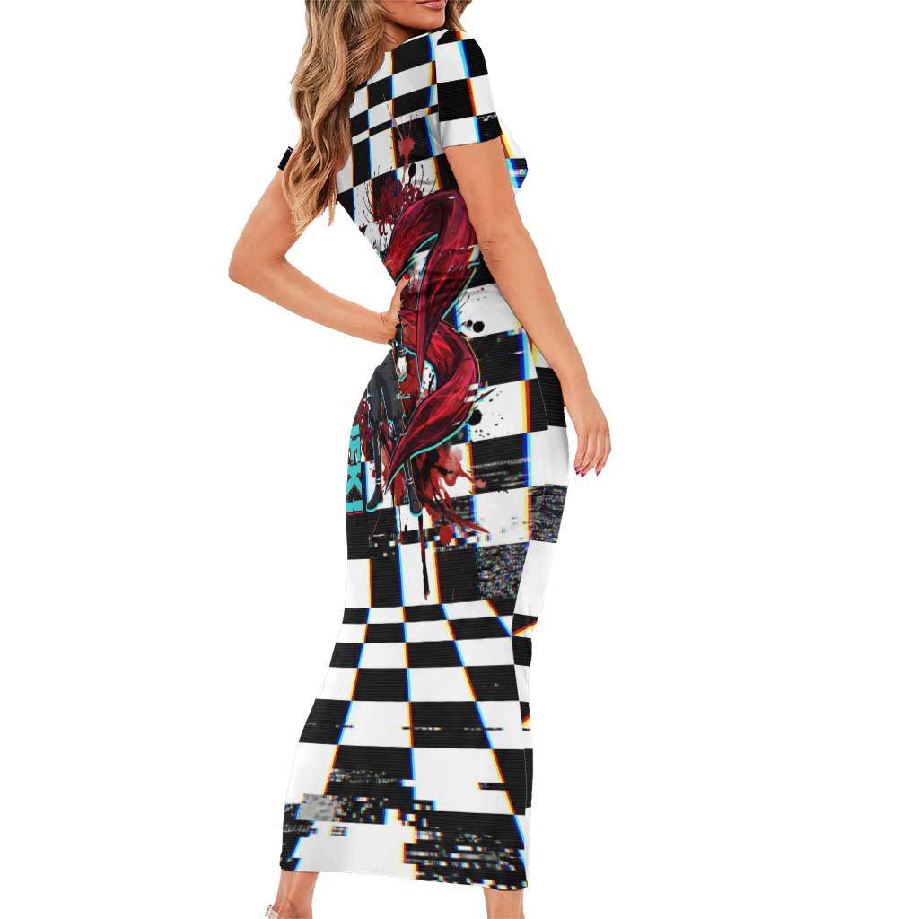 Tokyo Ghoul Kaneki Ken Short Sleeve Bodycon Dress Glitchcore Anime Style with Dark Checker Pattern
