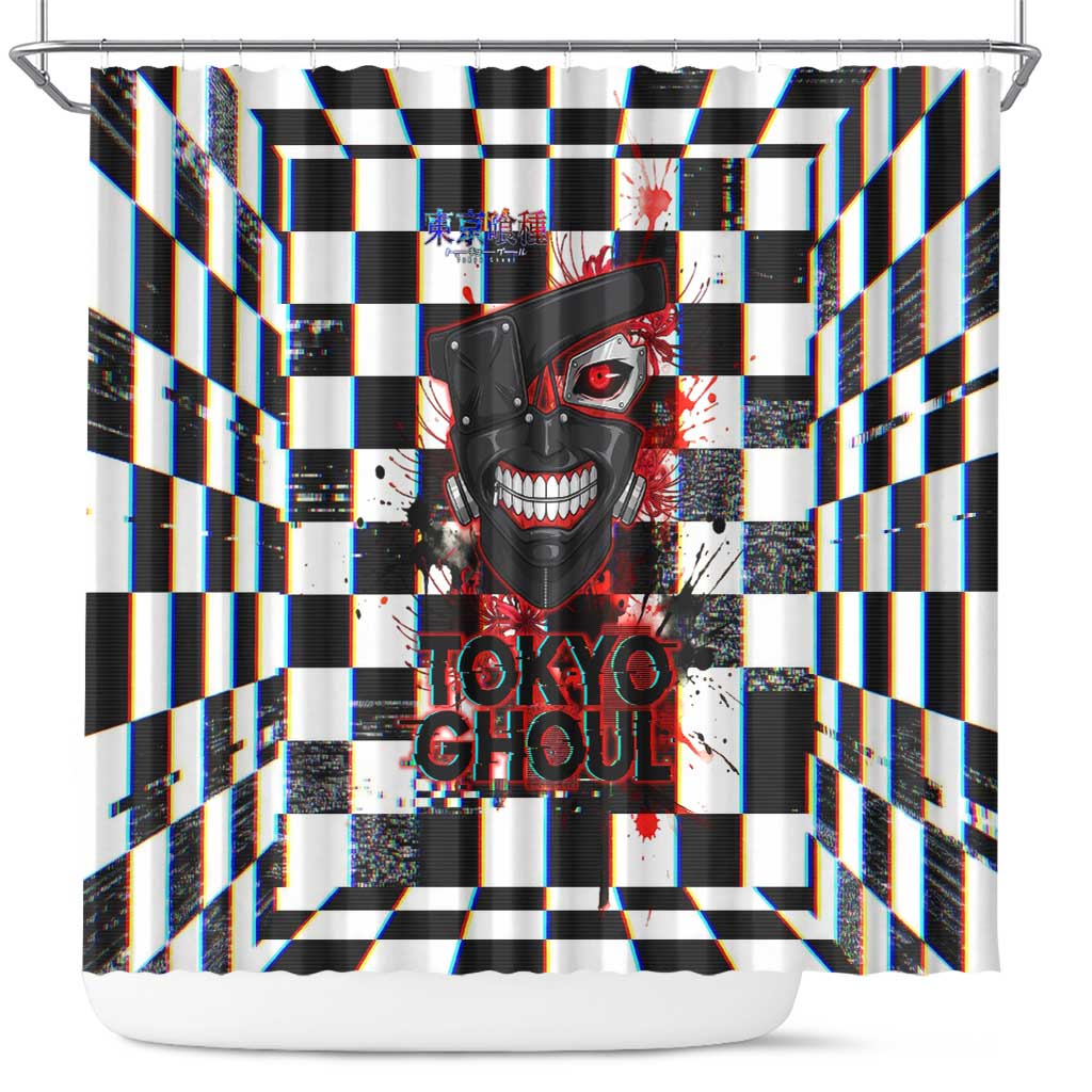 Tokyo Ghoul Kaneki Ken Shower Curtain Glitchcore Anime Style with Dark Checker Pattern