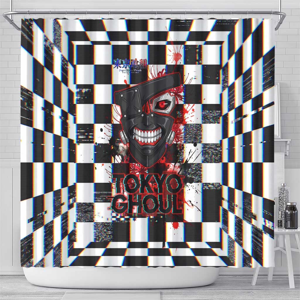 Tokyo Ghoul Kaneki Ken Shower Curtain Glitchcore Anime Style with Dark Checker Pattern