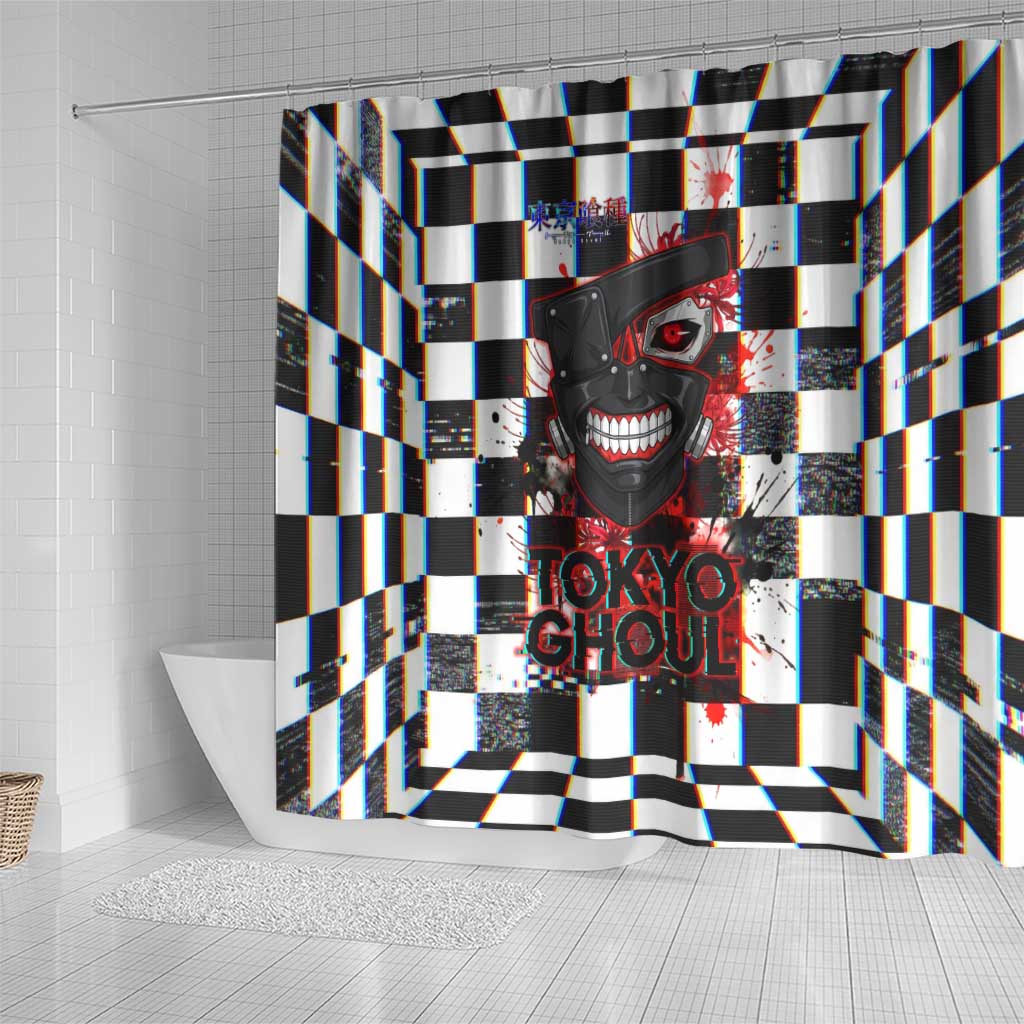Tokyo Ghoul Kaneki Ken Shower Curtain Glitchcore Anime Style with Dark Checker Pattern