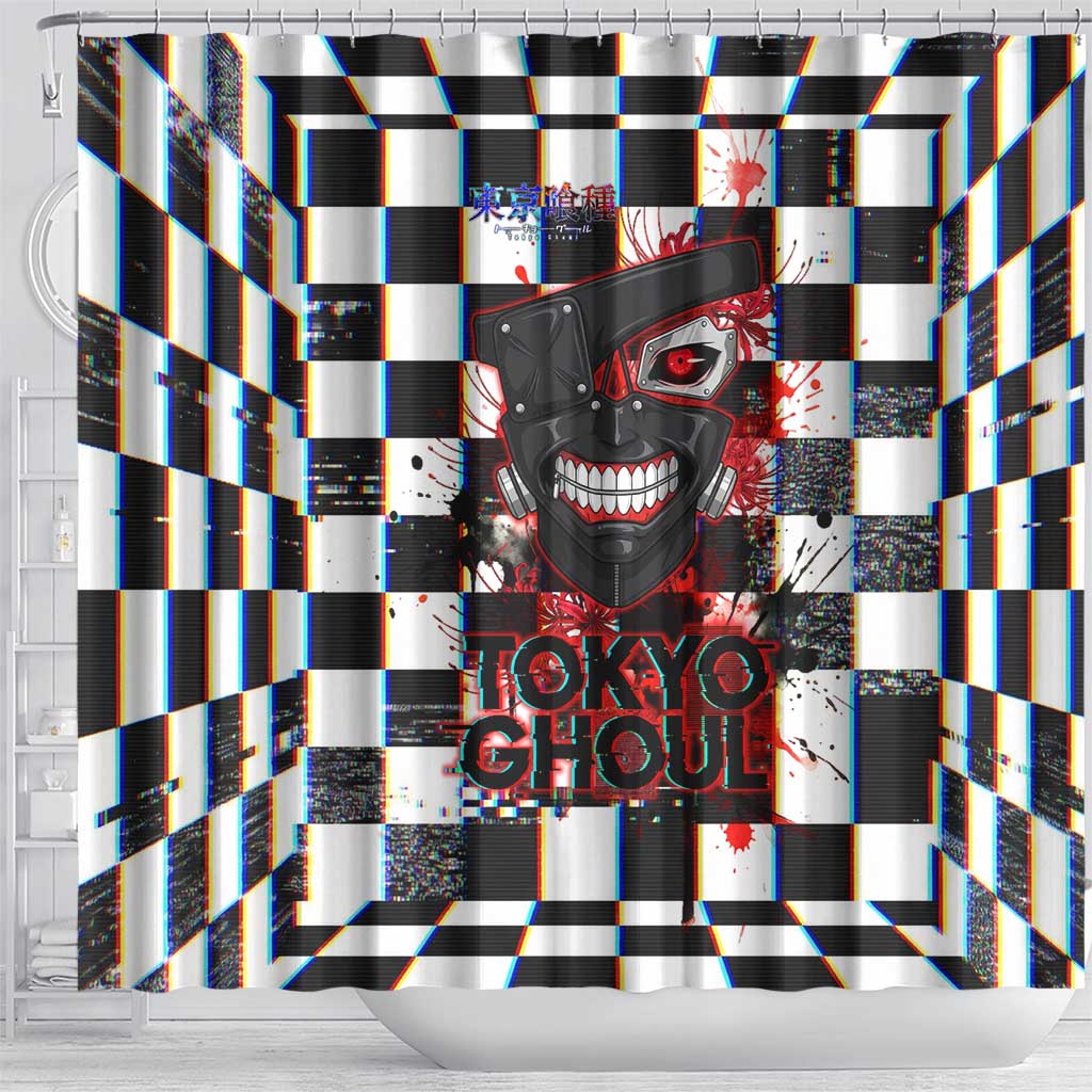 Tokyo Ghoul Kaneki Ken Shower Curtain Glitchcore Anime Style with Dark Checker Pattern