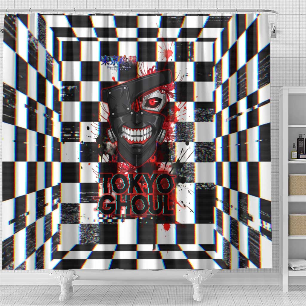 Tokyo Ghoul Kaneki Ken Shower Curtain Glitchcore Anime Style with Dark Checker Pattern