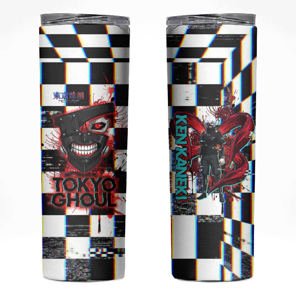 Tokyo Ghoul Kaneki Ken Skinny Tumbler Glitchcore Anime Style with Dark Checker Pattern
