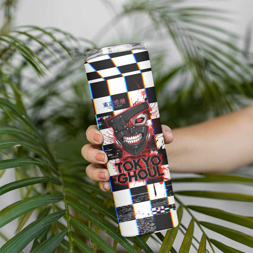 Tokyo Ghoul Kaneki Ken Skinny Tumbler Glitchcore Anime Style with Dark Checker Pattern