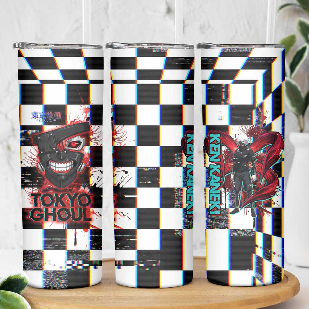 Tokyo Ghoul Kaneki Ken Skinny Tumbler Glitchcore Anime Style with Dark Checker Pattern