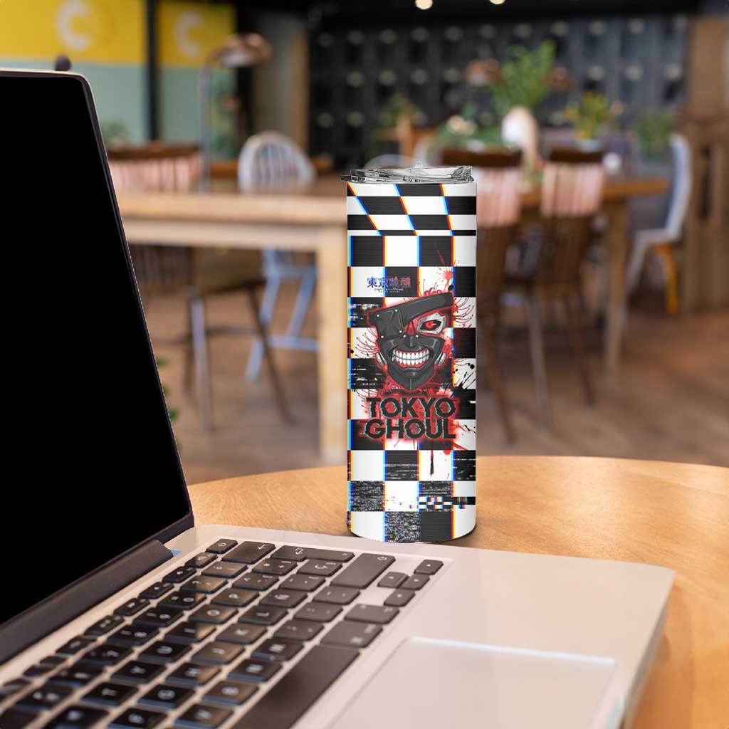 Tokyo Ghoul Kaneki Ken Skinny Tumbler Glitchcore Anime Style with Dark Checker Pattern