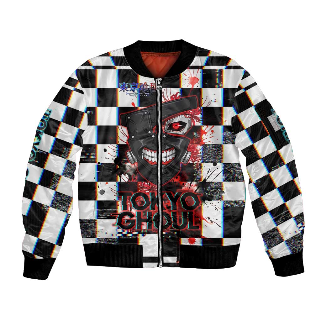 Tokyo Ghoul Kaneki Ken Sleeve Zip Bomber Jacket Glitchcore Anime Style with Dark Checker Pattern