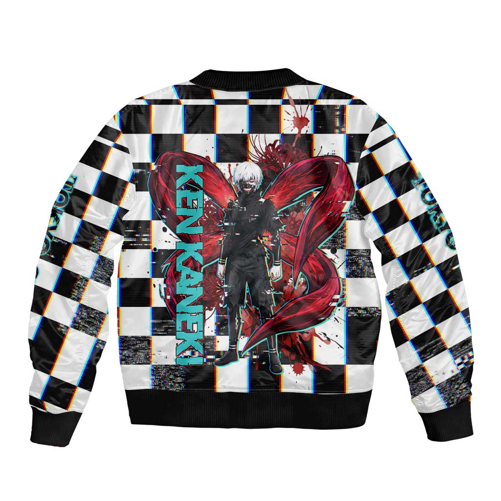Tokyo Ghoul Kaneki Ken Sleeve Zip Bomber Jacket Glitchcore Anime Style with Dark Checker Pattern