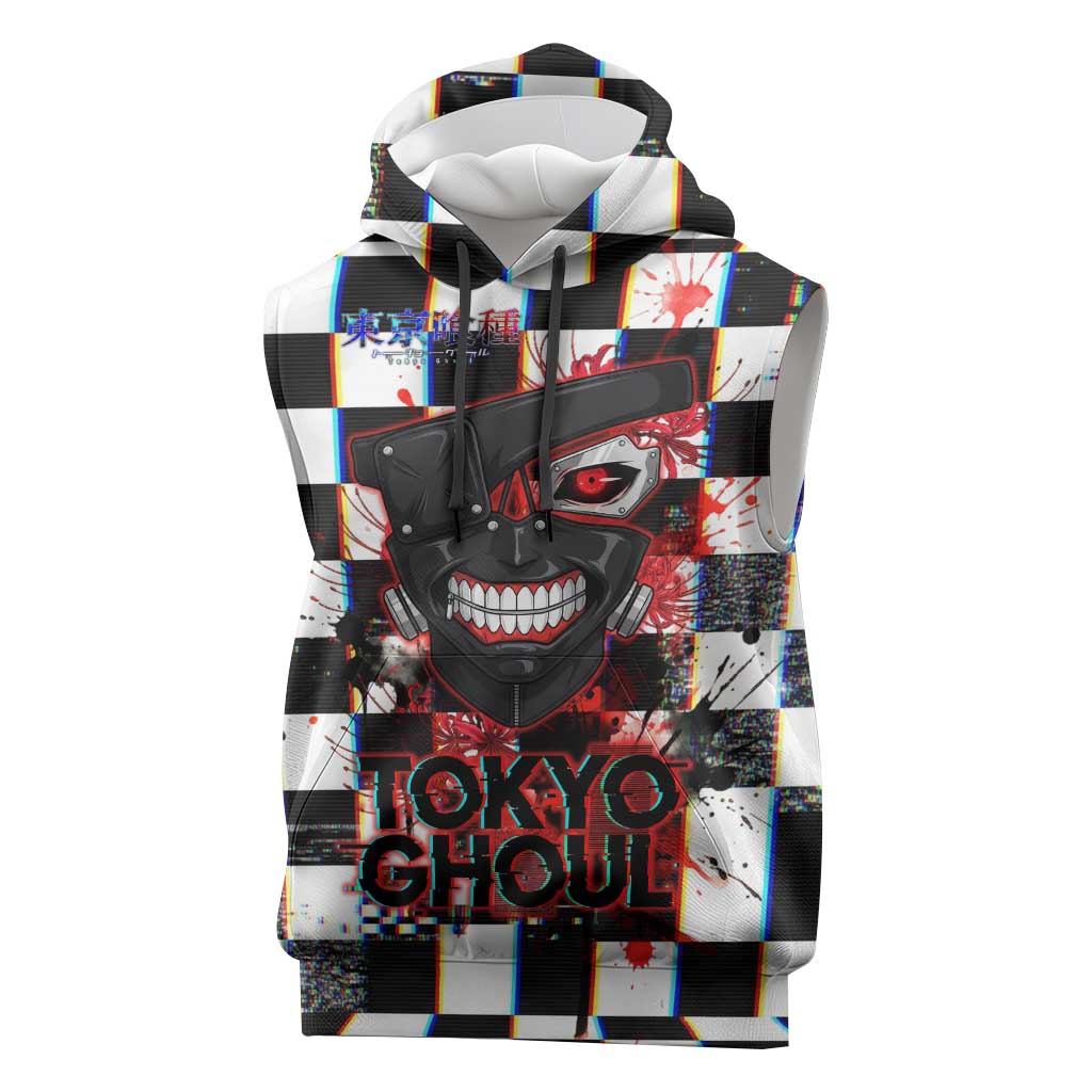Tokyo Ghoul Kaneki Ken Sleeveless Hoodie Glitchcore Anime Style with Dark Checker Pattern