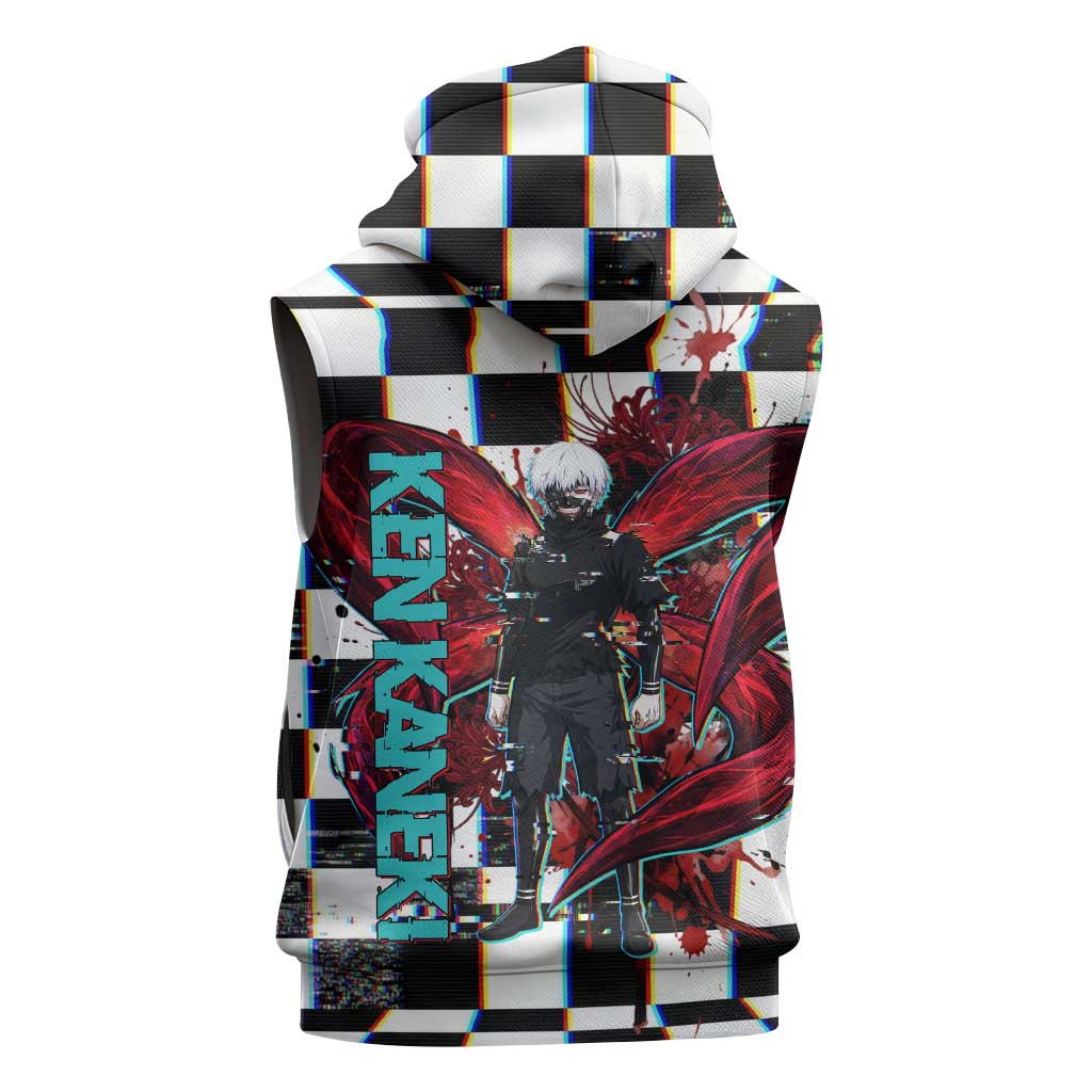 Tokyo Ghoul Kaneki Ken Sleeveless Hoodie Glitchcore Anime Style with Dark Checker Pattern