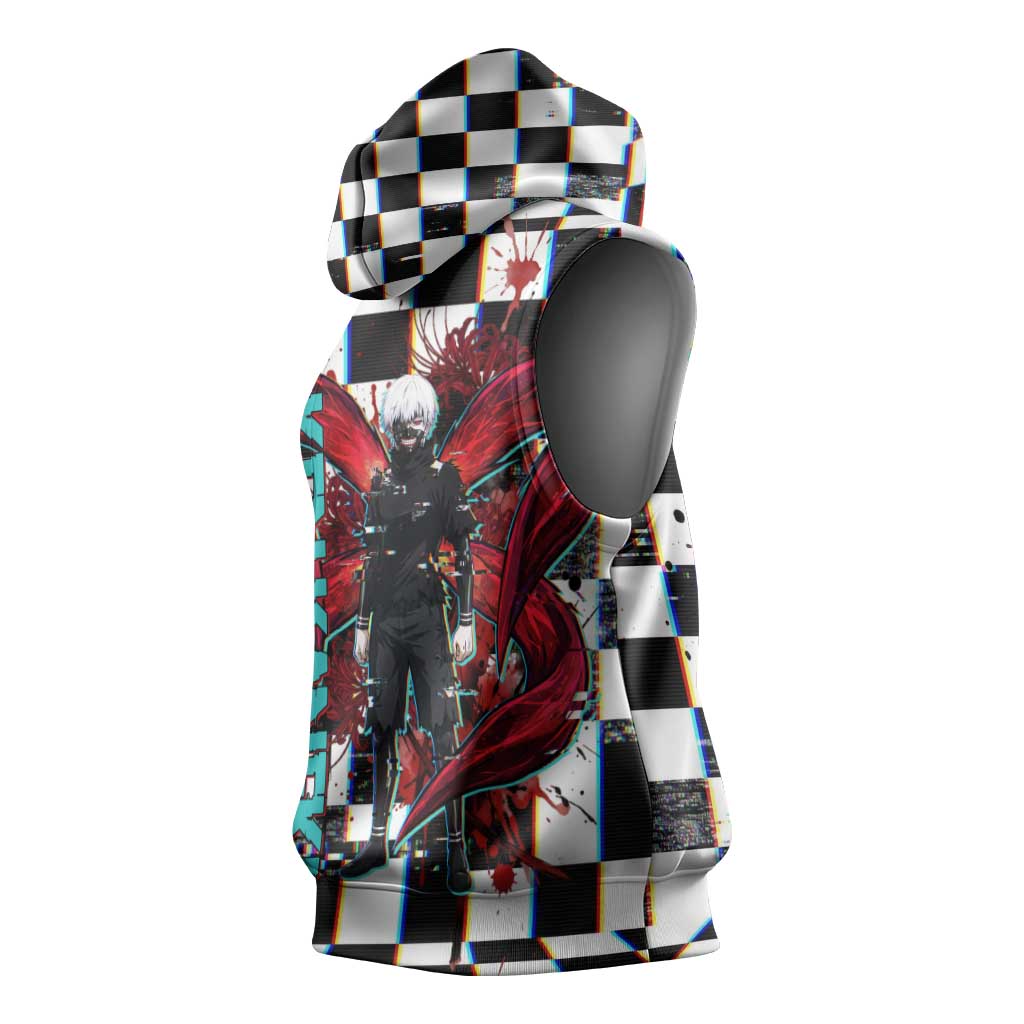 Tokyo Ghoul Kaneki Ken Sleeveless Hoodie Glitchcore Anime Style with Dark Checker Pattern