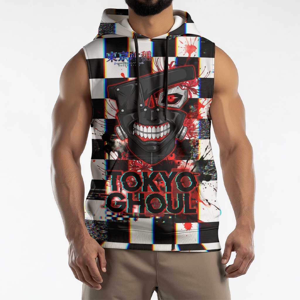 Tokyo Ghoul Kaneki Ken Sleeveless Hoodie Glitchcore Anime Style with Dark Checker Pattern