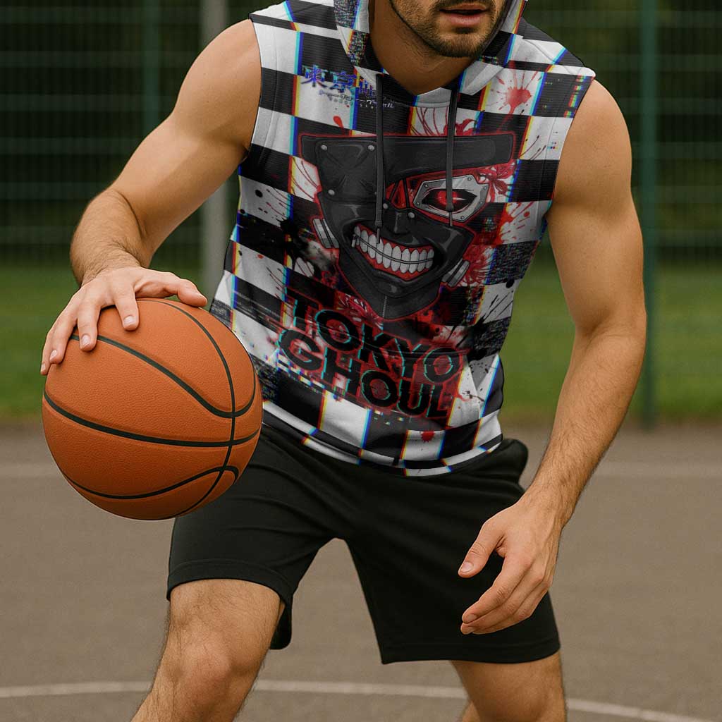 Tokyo Ghoul Kaneki Ken Sleeveless Hoodie Glitchcore Anime Style with Dark Checker Pattern