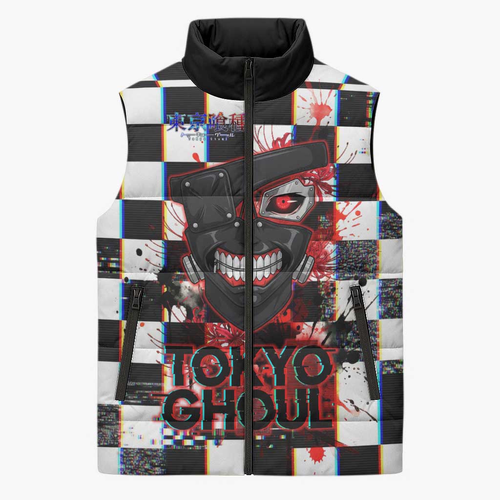 Tokyo Ghoul Kaneki Ken Sleeveless Puffer Jacket Glitchcore Anime Style with Dark Checker Pattern