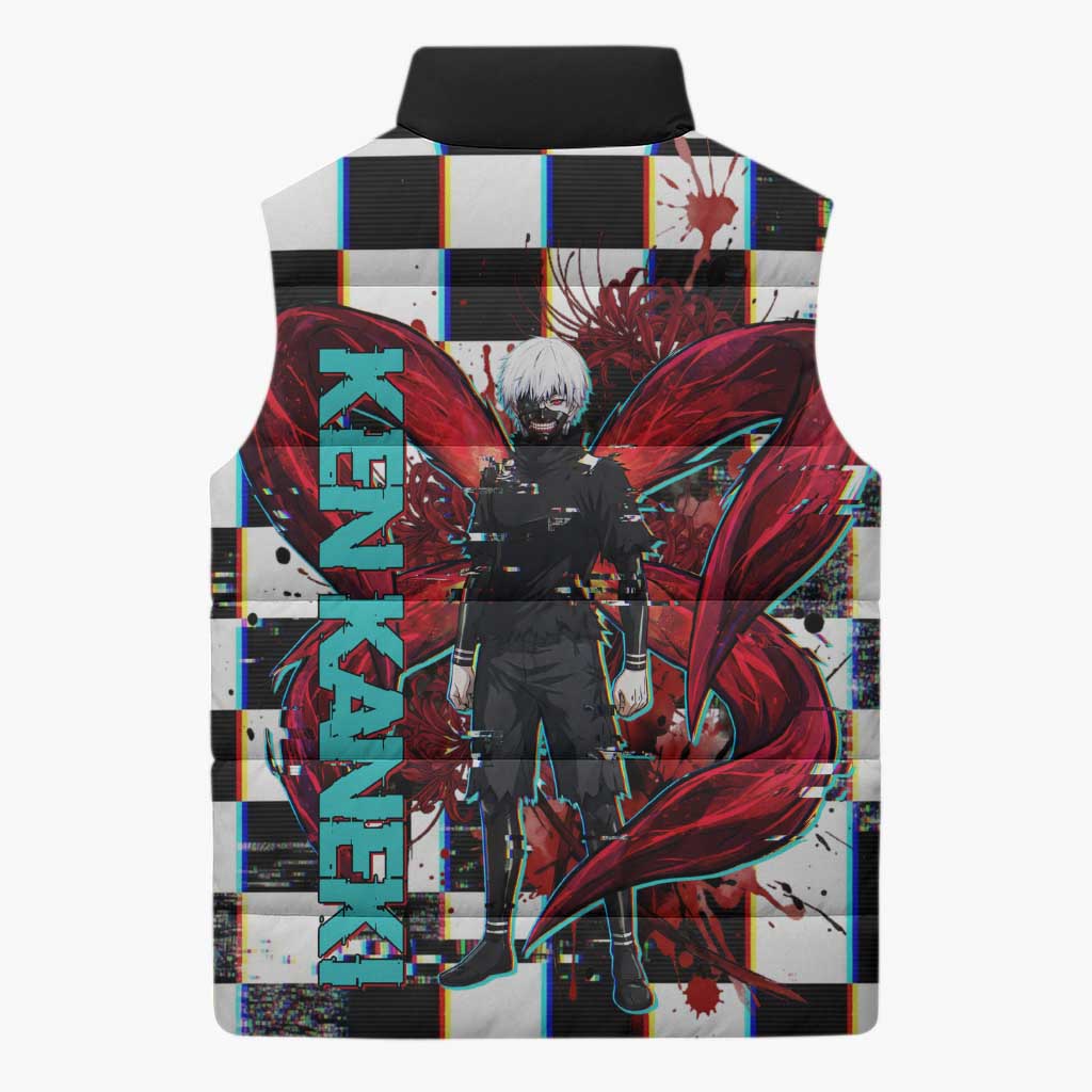 Tokyo Ghoul Kaneki Ken Sleeveless Puffer Jacket Glitchcore Anime Style with Dark Checker Pattern