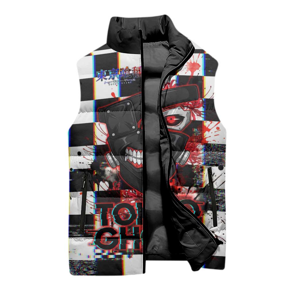 Tokyo Ghoul Kaneki Ken Sleeveless Puffer Jacket Glitchcore Anime Style with Dark Checker Pattern