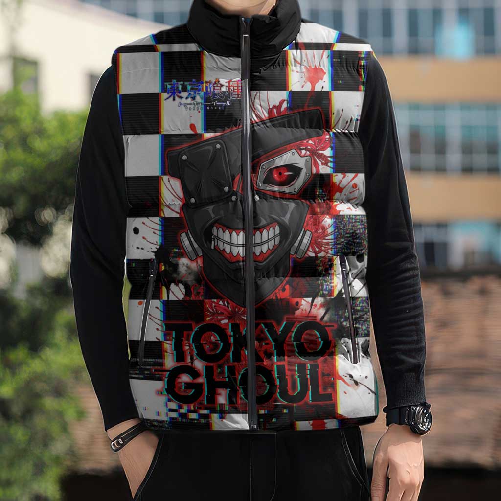 Tokyo Ghoul Kaneki Ken Sleeveless Puffer Jacket Glitchcore Anime Style with Dark Checker Pattern