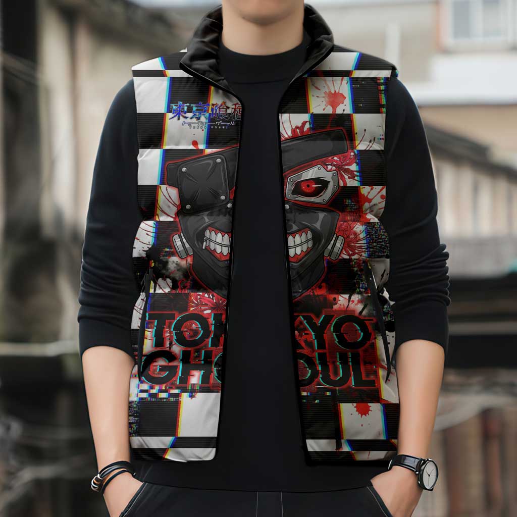Tokyo Ghoul Kaneki Ken Sleeveless Puffer Jacket Glitchcore Anime Style with Dark Checker Pattern