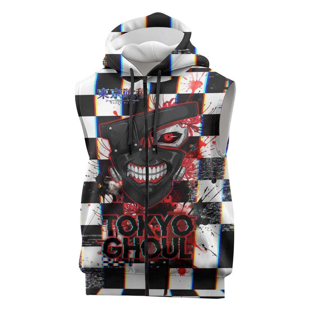 Tokyo Ghoul Kaneki Ken Sleeveless Zip Hoodie Glitchcore Anime Style with Dark Checker Pattern