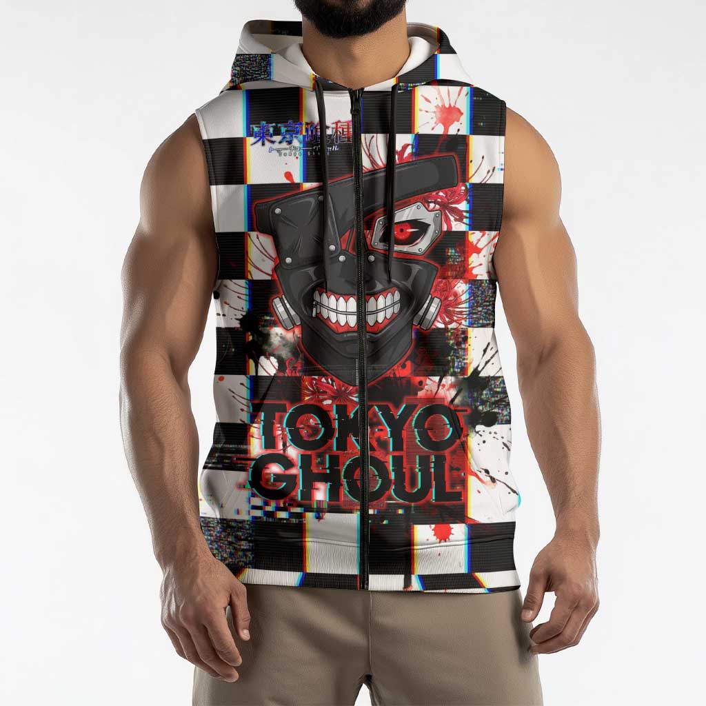 Tokyo Ghoul Kaneki Ken Sleeveless Zip Hoodie Glitchcore Anime Style with Dark Checker Pattern