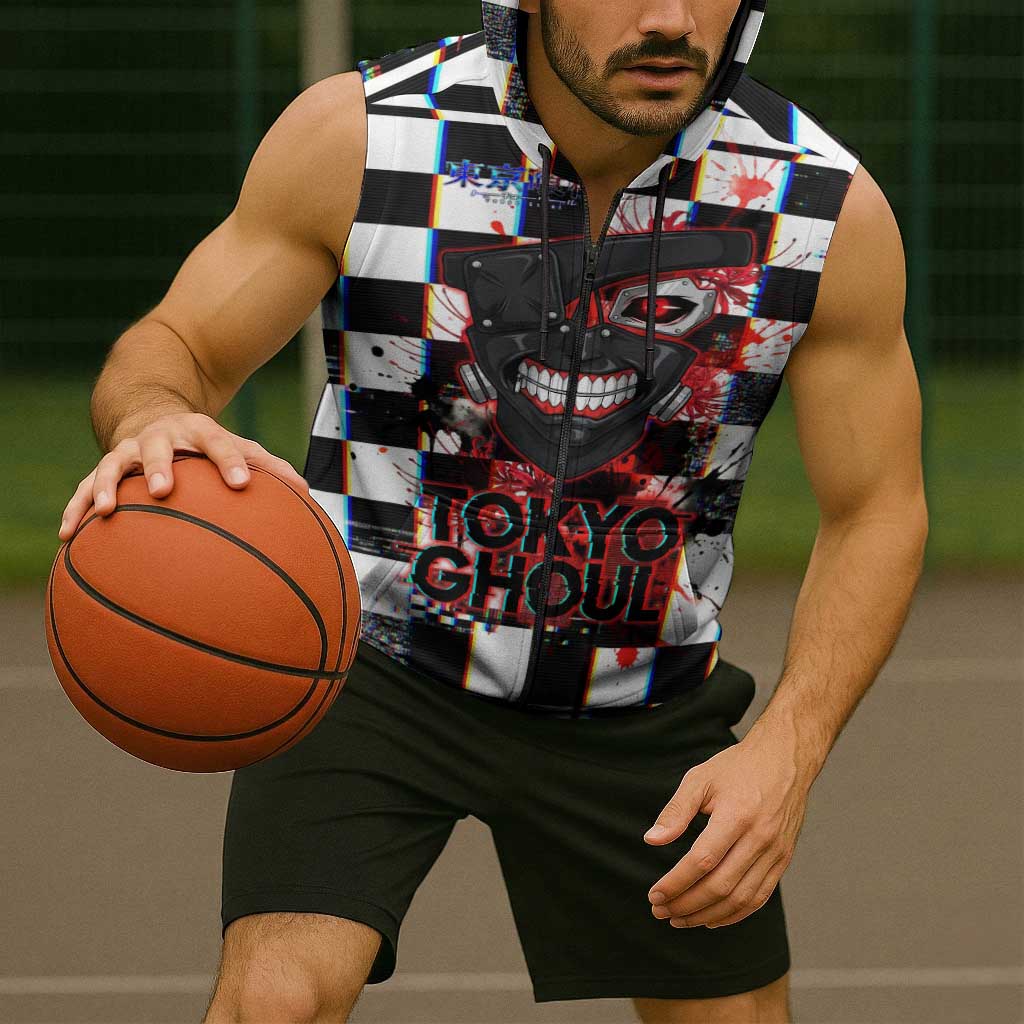 Tokyo Ghoul Kaneki Ken Sleeveless Zip Hoodie Glitchcore Anime Style with Dark Checker Pattern