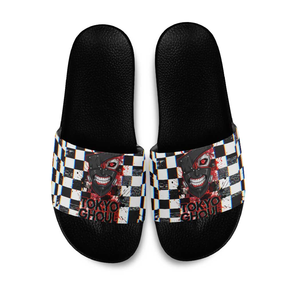 Tokyo Ghoul Kaneki Ken Slide Sandals Glitchcore Anime Style with Dark Checker Pattern