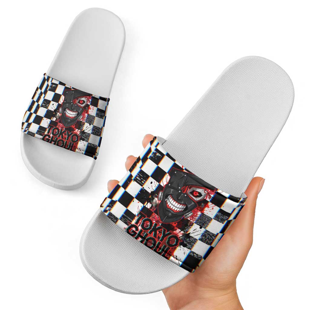 Tokyo Ghoul Kaneki Ken Slide Sandals Glitchcore Anime Style with Dark Checker Pattern