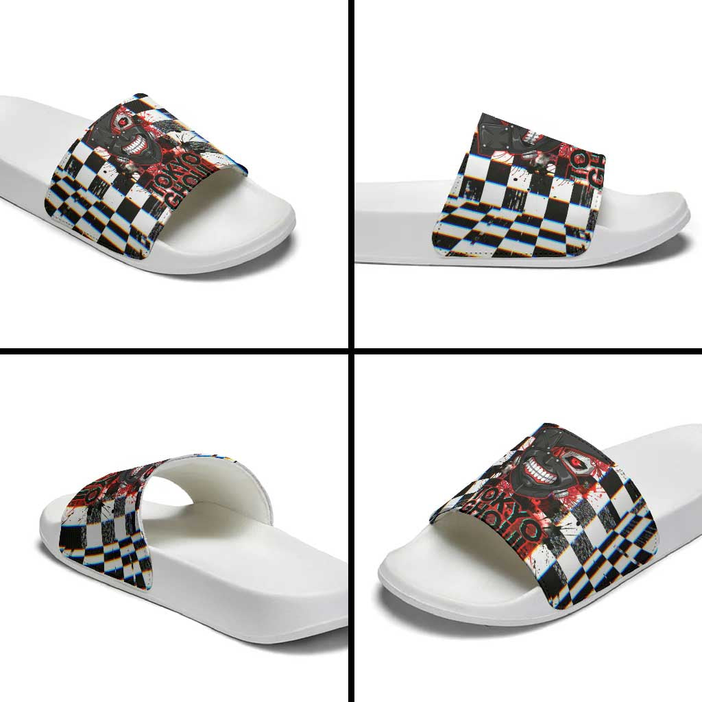 Tokyo Ghoul Kaneki Ken Slide Sandals Glitchcore Anime Style with Dark Checker Pattern