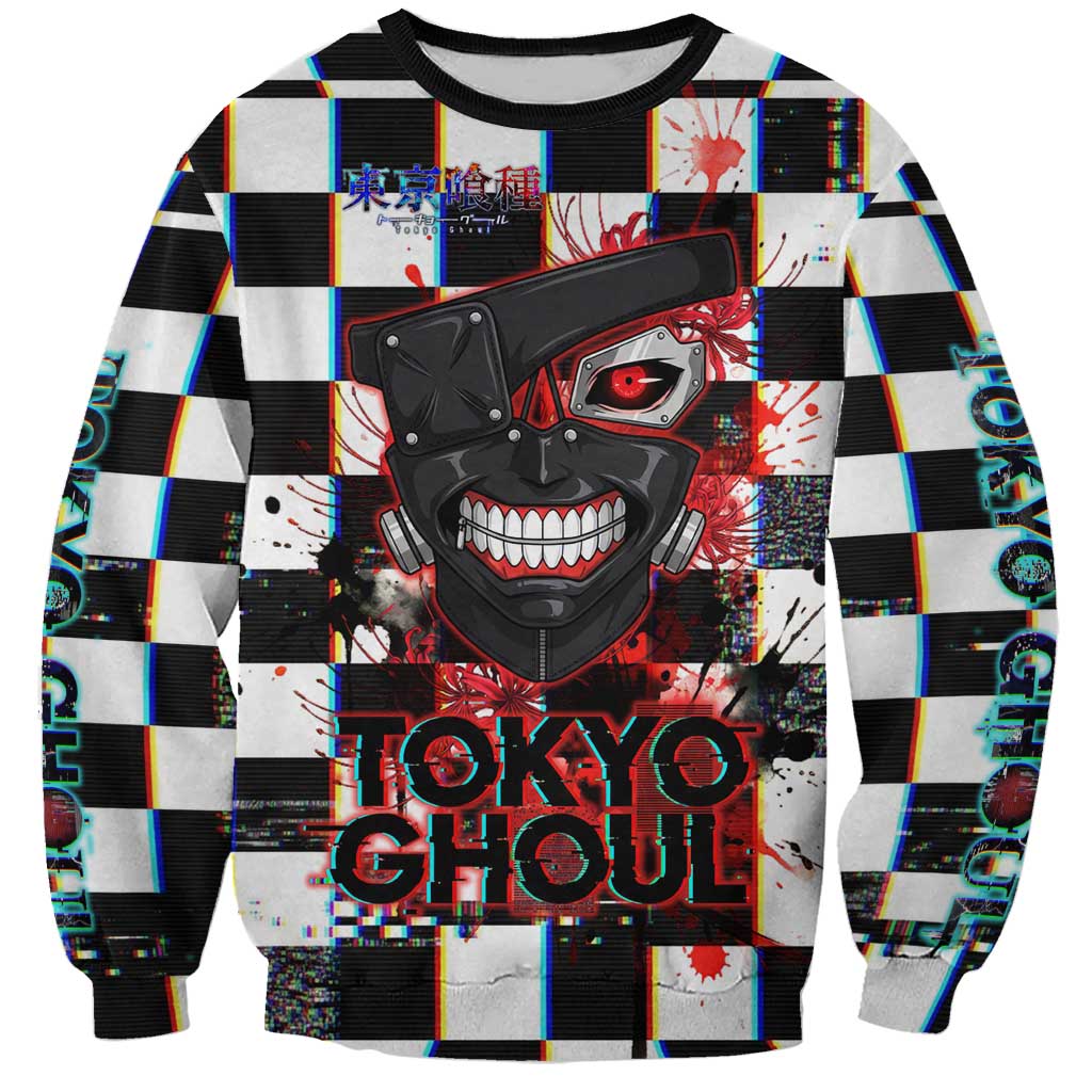 Tokyo Ghoul Kaneki Ken Sweatshirt Glitchcore Anime Style with Dark Checker Pattern