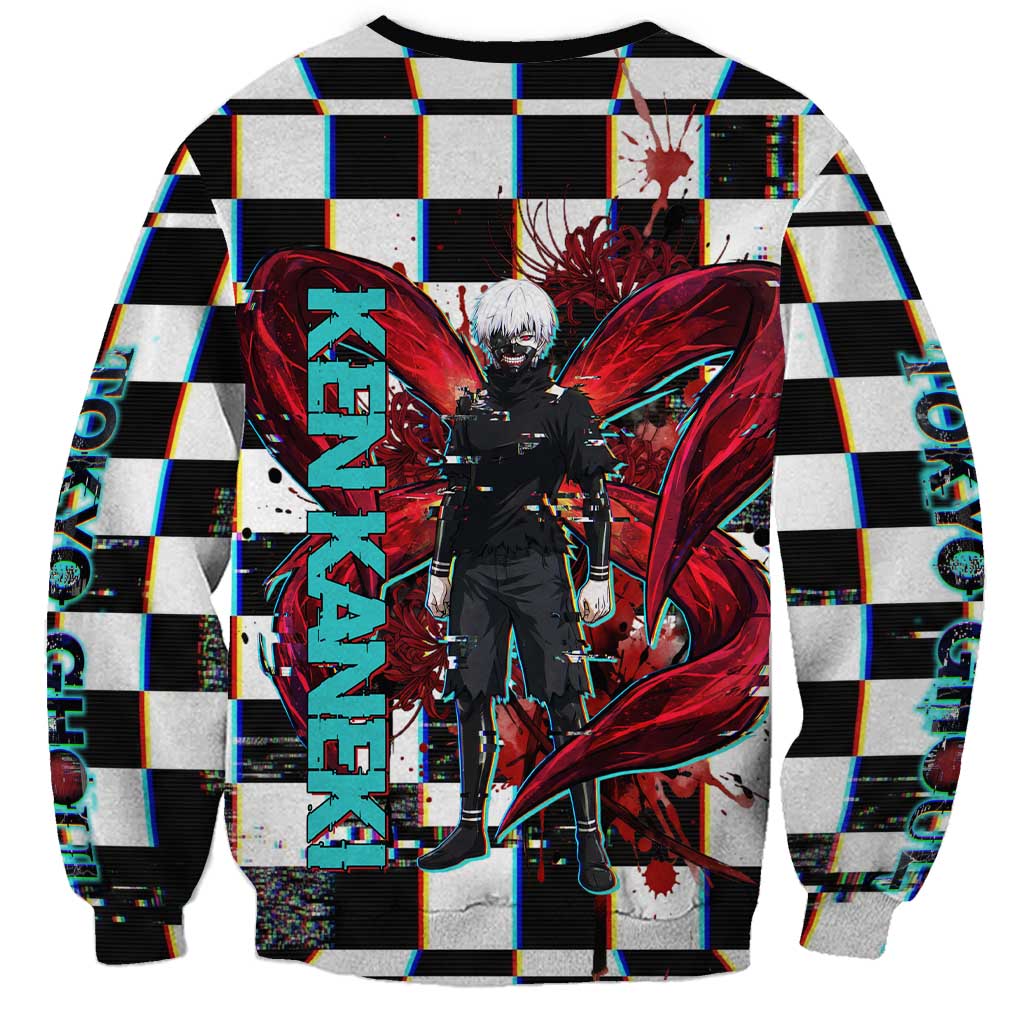 Tokyo Ghoul Kaneki Ken Sweatshirt Glitchcore Anime Style with Dark Checker Pattern