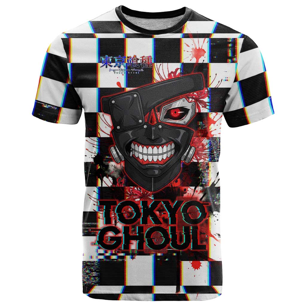 Tokyo Ghoul Kaneki Ken T Shirt Glitchcore Anime Style with Dark Checker Pattern