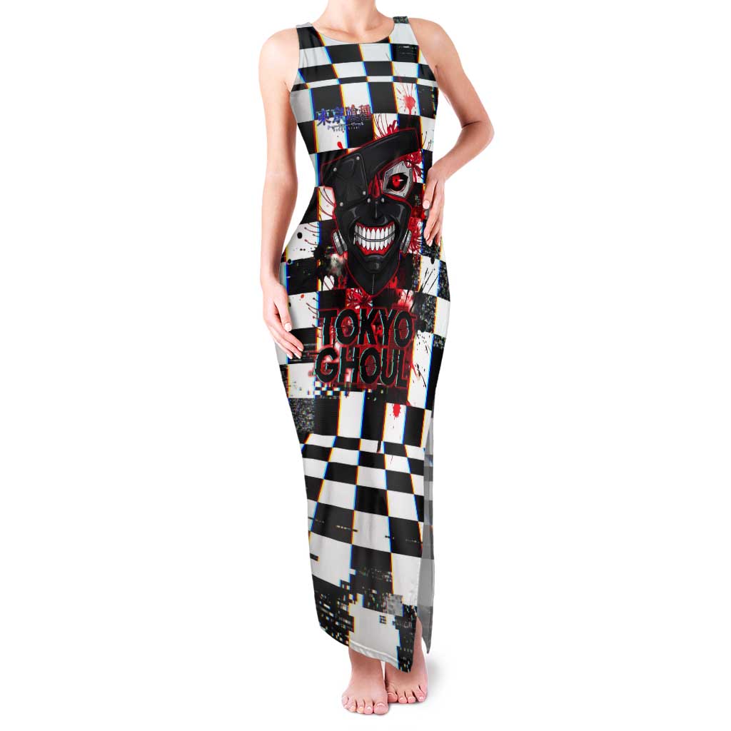 Tokyo Ghoul Kaneki Ken Tank Maxi Dress Glitchcore Anime Style with Dark Checker Pattern