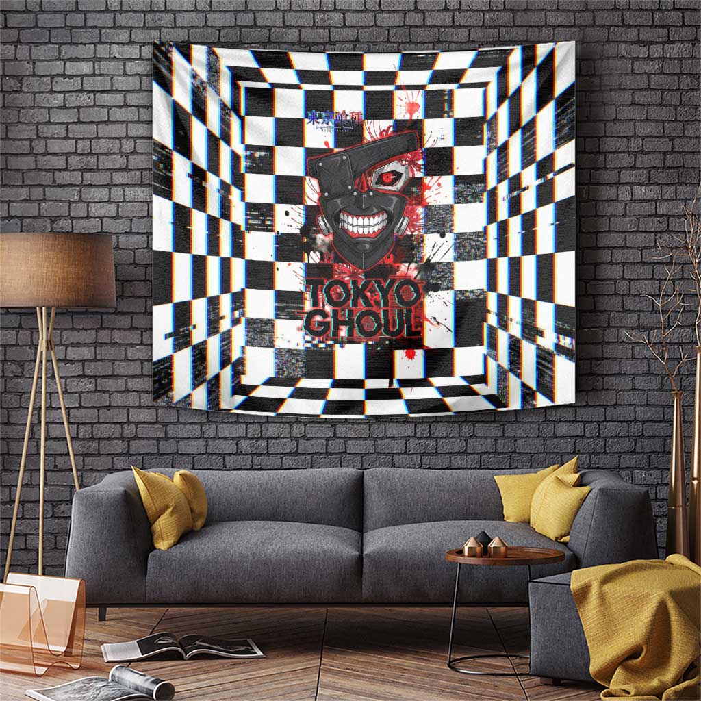 Tokyo Ghoul Kaneki Ken Tapestry Glitchcore Anime Style with Dark Checker Pattern