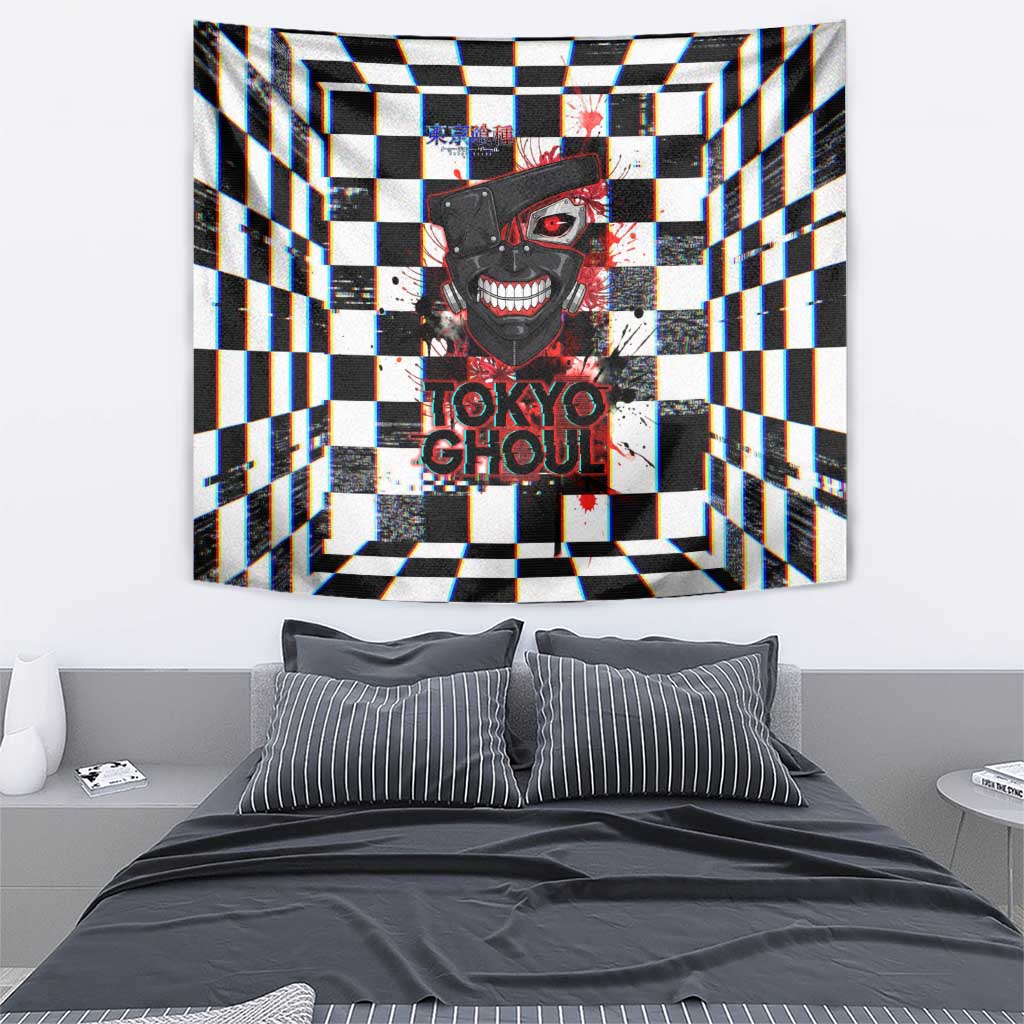 Tokyo Ghoul Kaneki Ken Tapestry Glitchcore Anime Style with Dark Checker Pattern