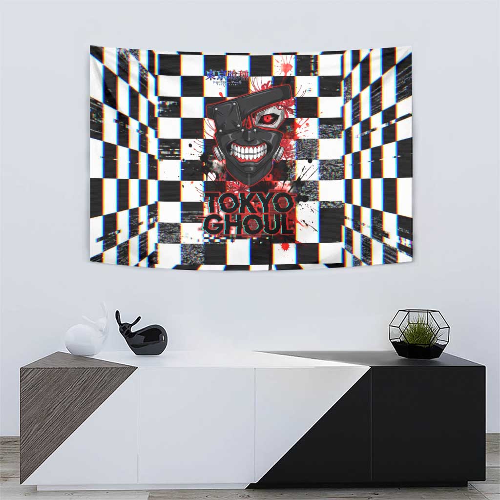 Tokyo Ghoul Kaneki Ken Tapestry Glitchcore Anime Style with Dark Checker Pattern