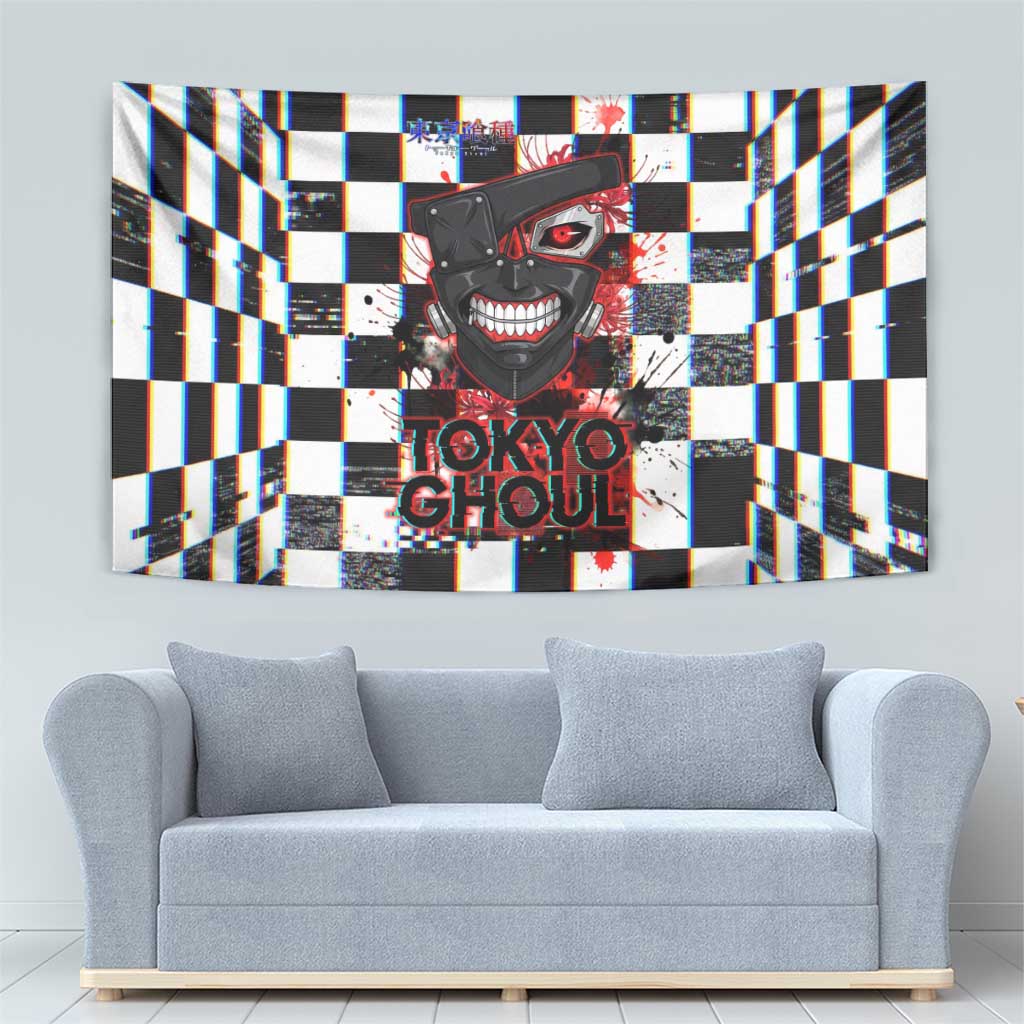 Tokyo Ghoul Kaneki Ken Tapestry Glitchcore Anime Style with Dark Checker Pattern