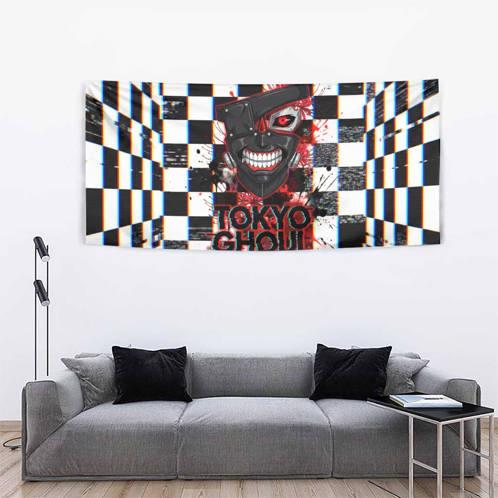 Tokyo Ghoul Kaneki Ken Tapestry Glitchcore Anime Style with Dark Checker Pattern