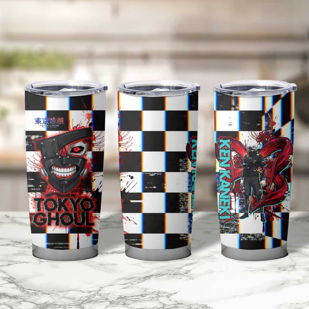 Tokyo Ghoul Kaneki Ken Tumbler Cup Glitchcore Anime Style with Dark Checker Pattern