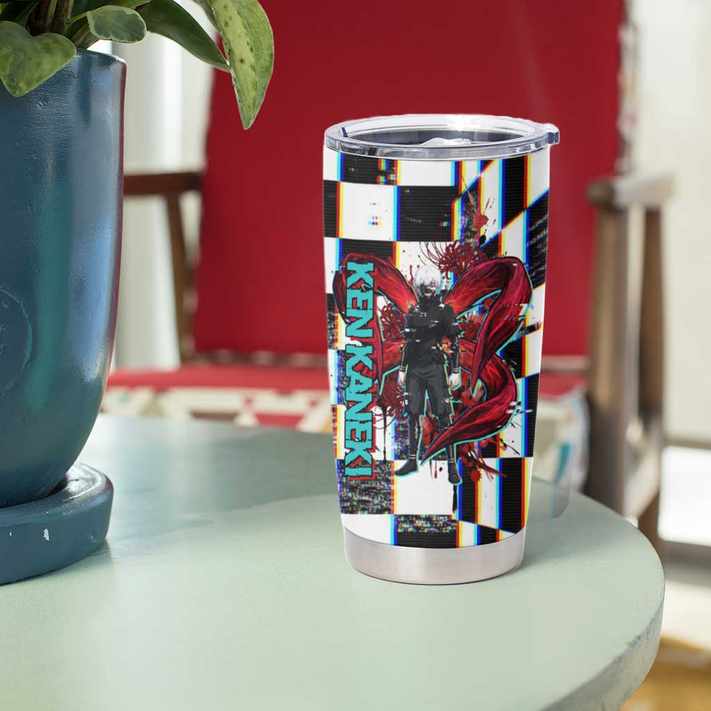 Tokyo Ghoul Kaneki Ken Tumbler Cup Glitchcore Anime Style with Dark Checker Pattern