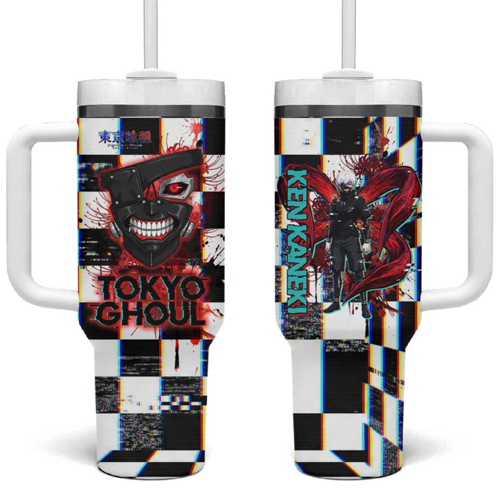 Tokyo Ghoul Kaneki Ken Tumbler With Handle Glitchcore Anime Style with Dark Checker Pattern