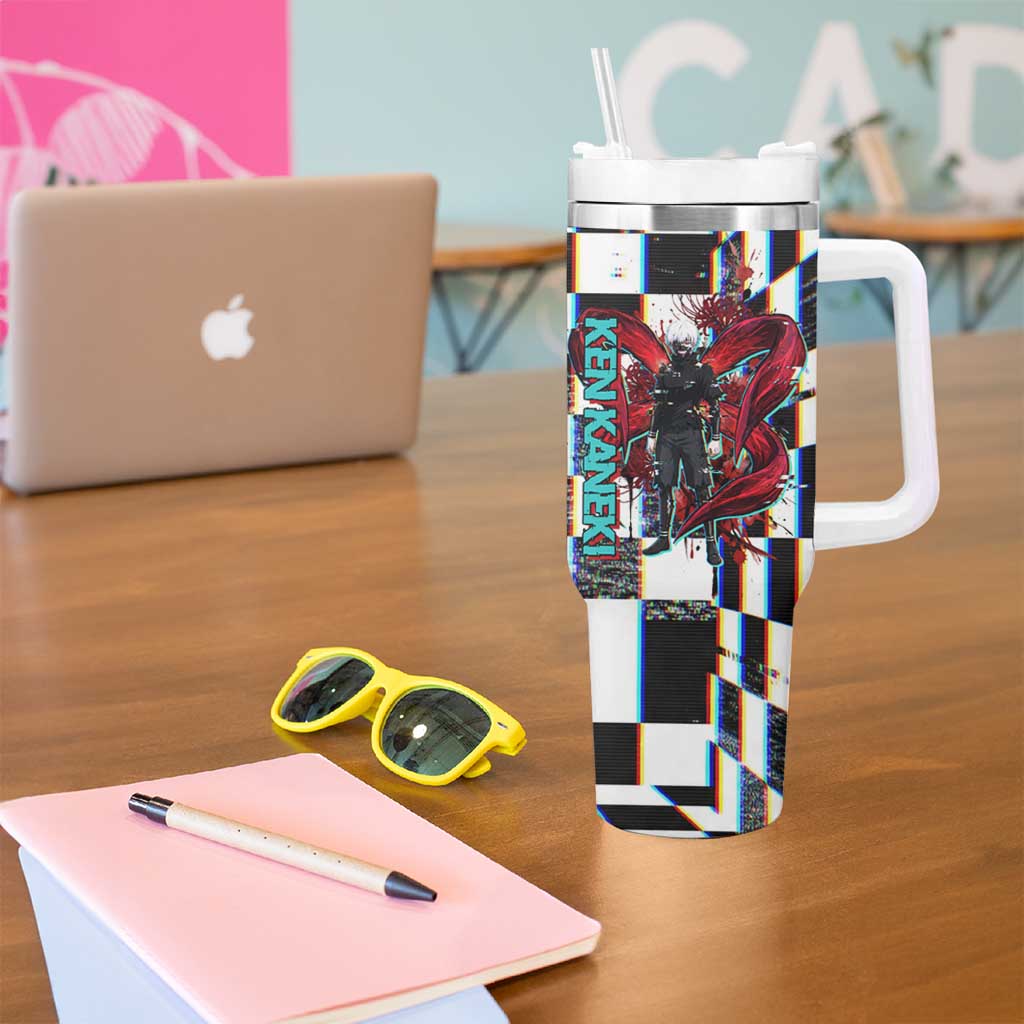 Tokyo Ghoul Kaneki Ken Tumbler With Handle Glitchcore Anime Style with Dark Checker Pattern
