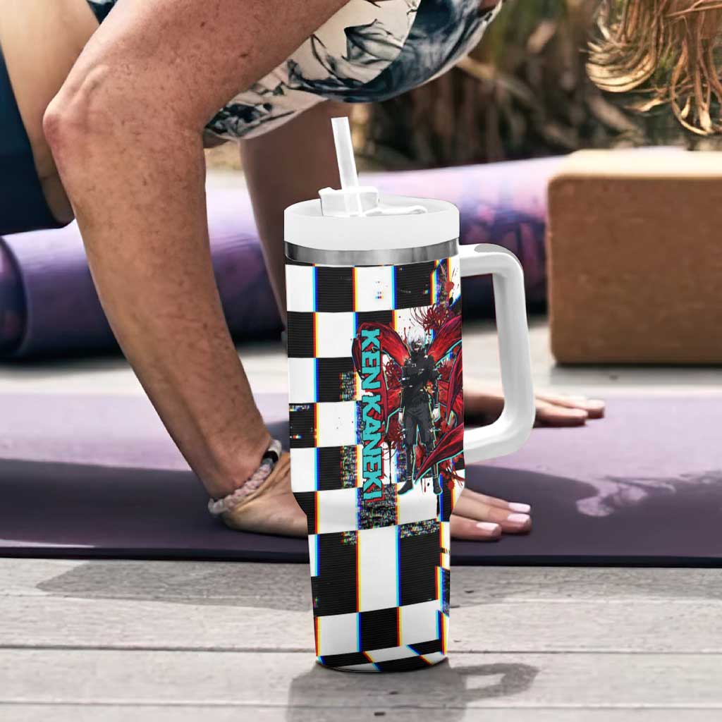Tokyo Ghoul Kaneki Ken Tumbler With Handle Glitchcore Anime Style with Dark Checker Pattern