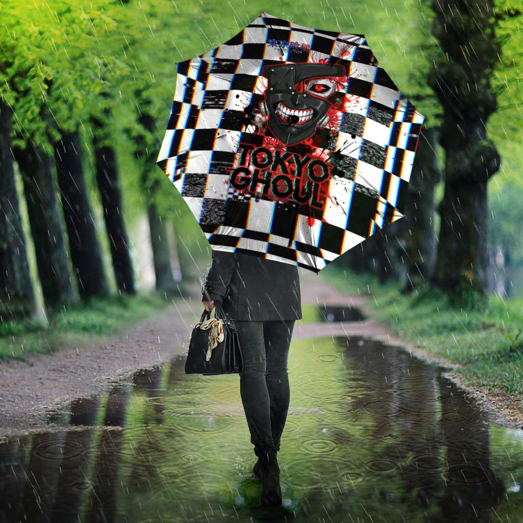 Tokyo Ghoul Kaneki Ken Umbrella Glitchcore Anime Style with Dark Checker Pattern