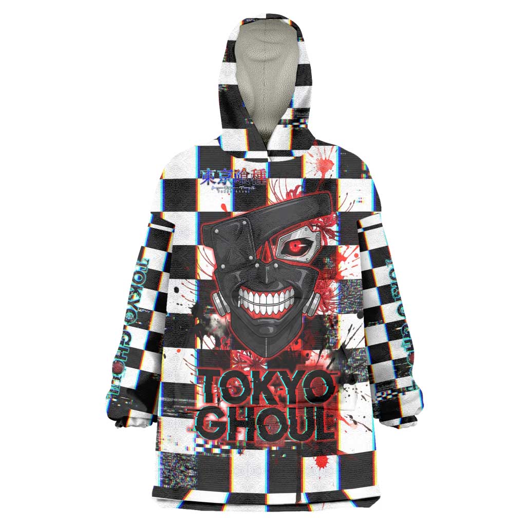 Tokyo Ghoul Kaneki Ken Wearable Blanket Hoodie Glitchcore Anime Style with Dark Checker Pattern