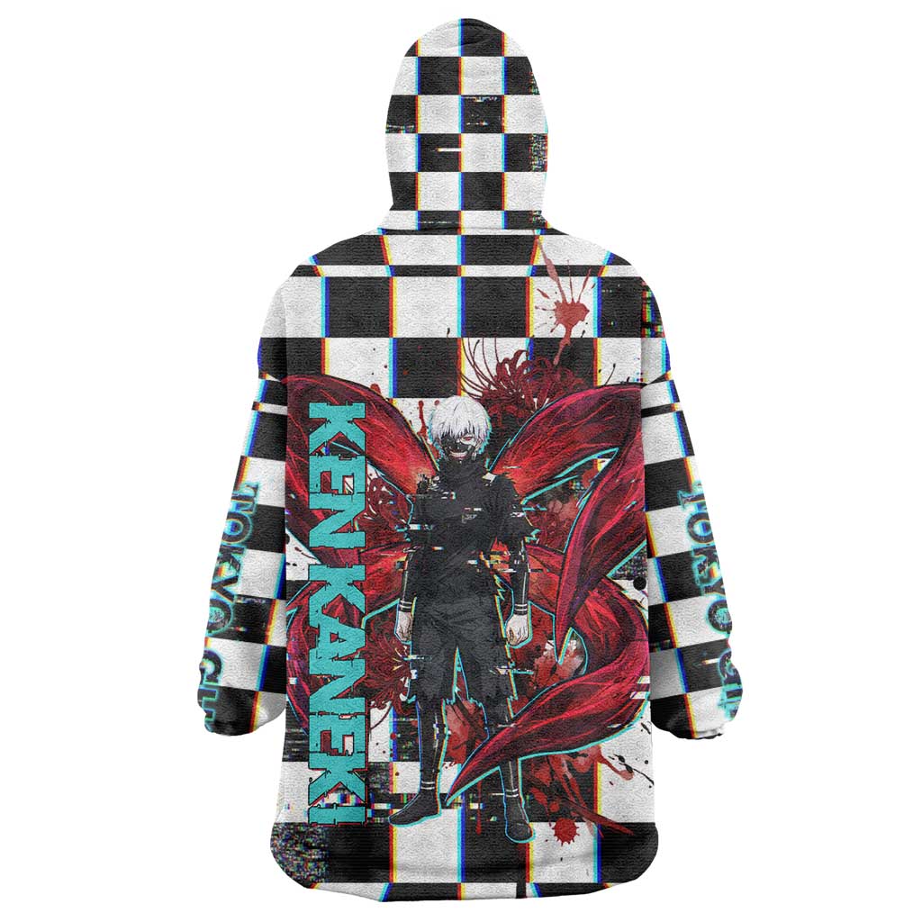 Tokyo Ghoul Kaneki Ken Wearable Blanket Hoodie Glitchcore Anime Style with Dark Checker Pattern